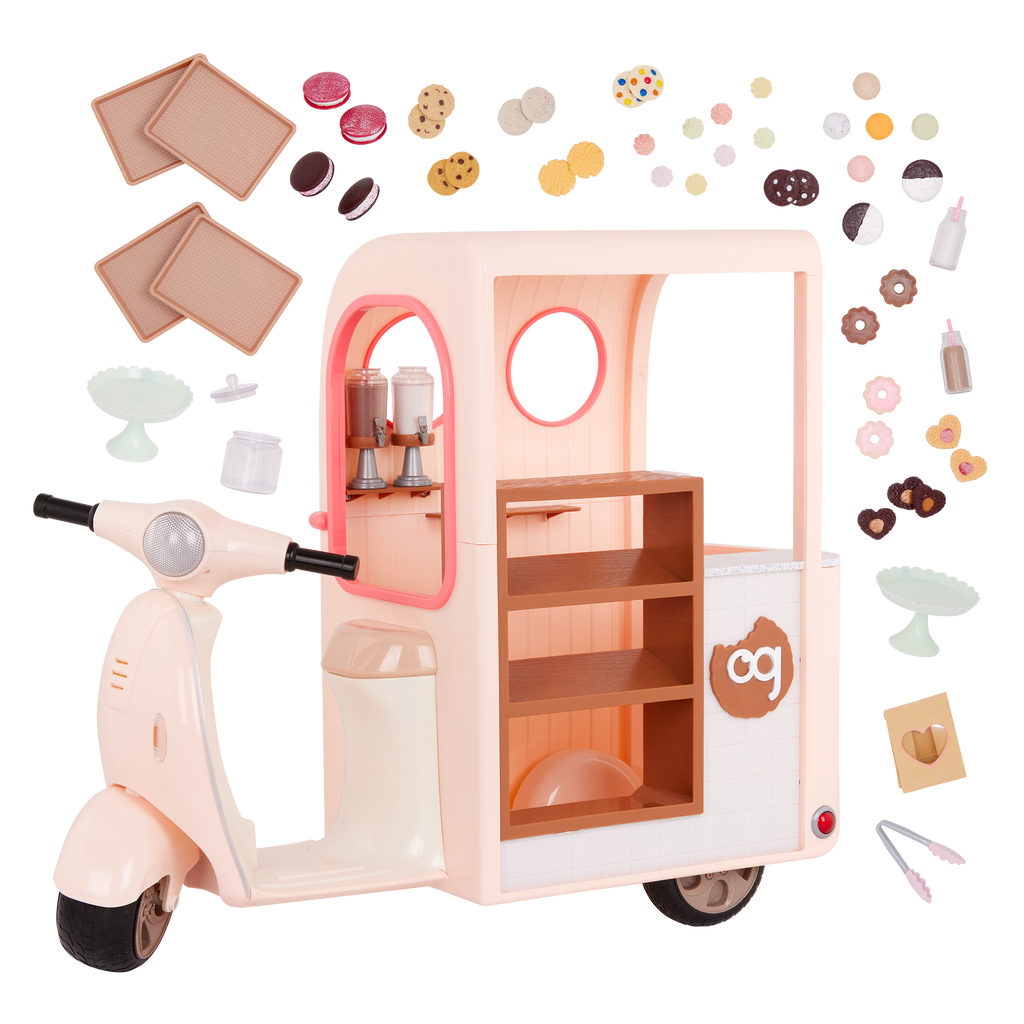 Chip Chip Hooray Cookie Cart - Pink Scooter with Food Accessories for 46cm Dolls - Doll Vehicle - Our Generation UK