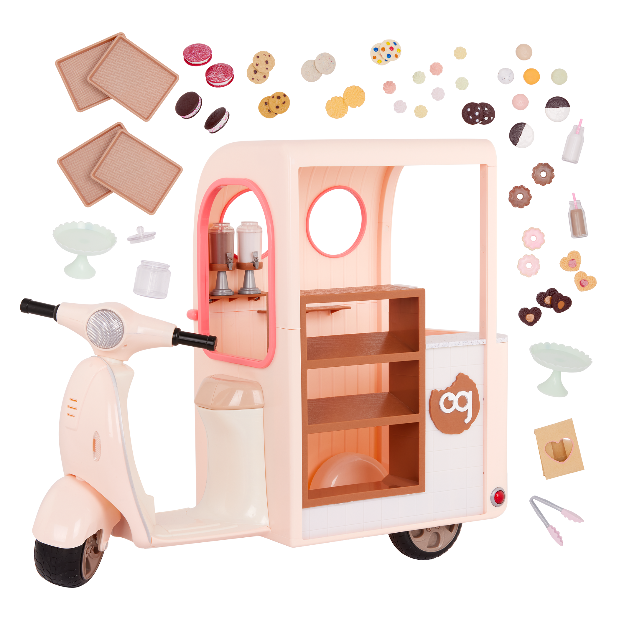 Chip Chip Hooray Cookie Cart - Pink Scooter with Food Accessories for 46cm Dolls - Doll Vehicle - Our Generation UK