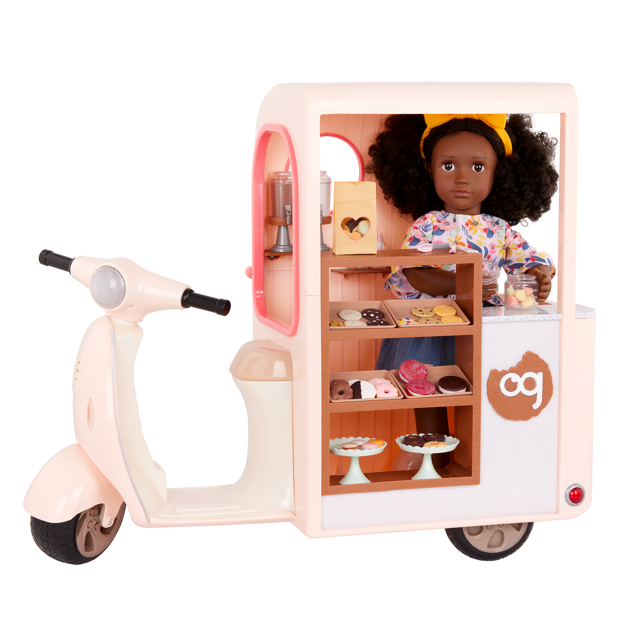 Chip Chip Hooray Cookie Cart - Pink Scooter with Food Accessories for 46cm Dolls - Doll Vehicle - Our Generation UK