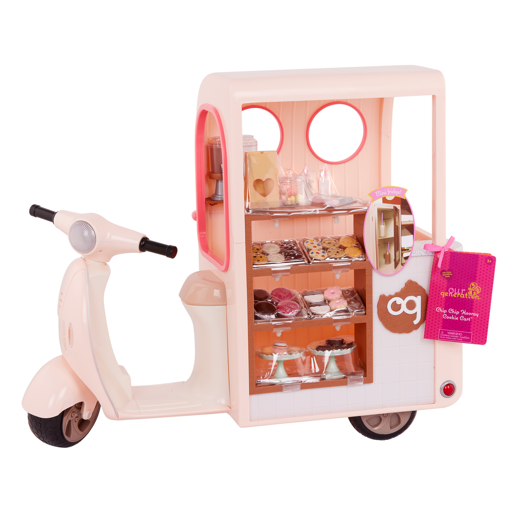 Chip Chip Hooray Cookie Cart - Pink Scooter with Food Accessories for 46cm Dolls - Doll Vehicle - Our Generation UK