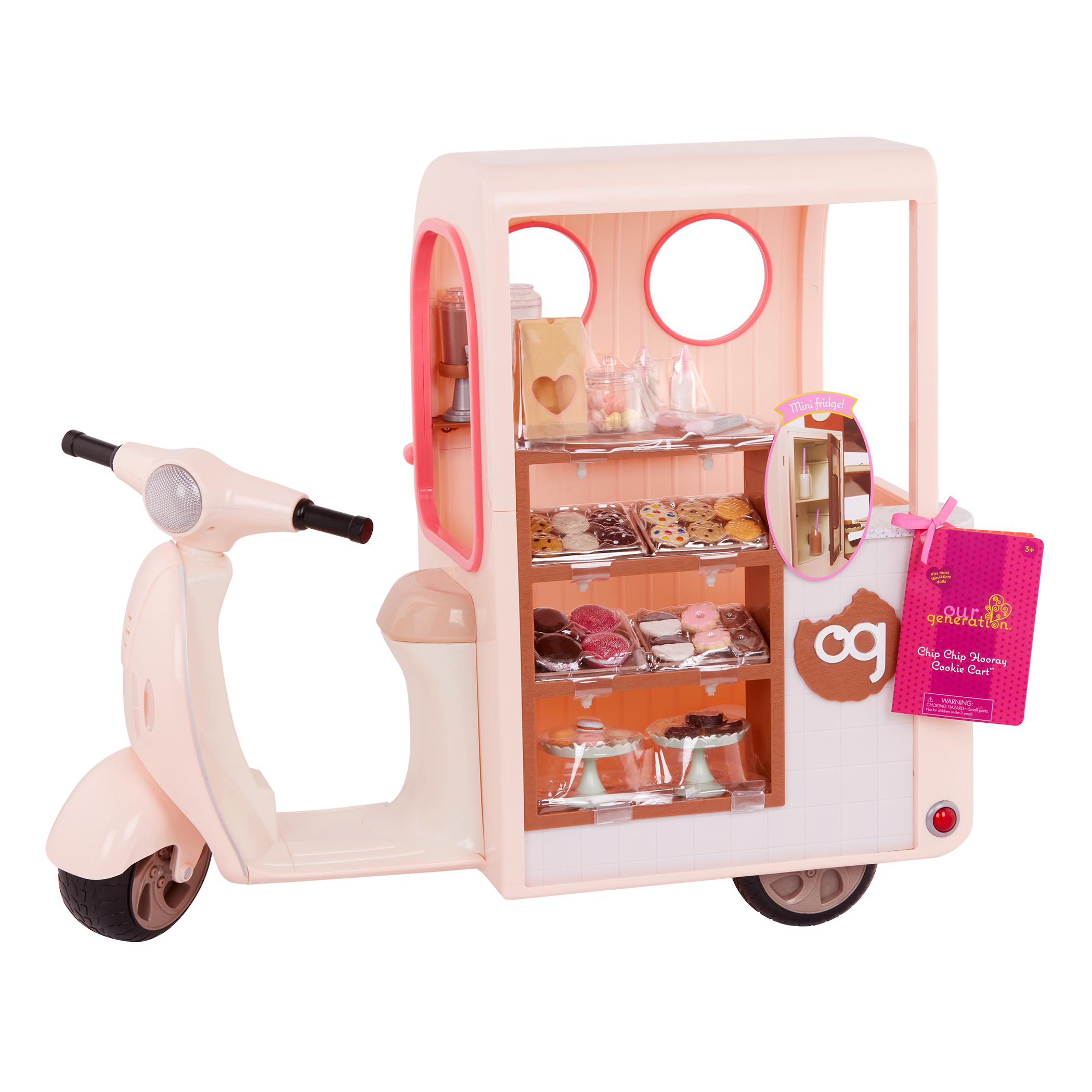 Chip Chip Hooray Cookie Cart - Pink Scooter with Food Accessories for 46cm Dolls - Doll Vehicle - Our Generation UK
