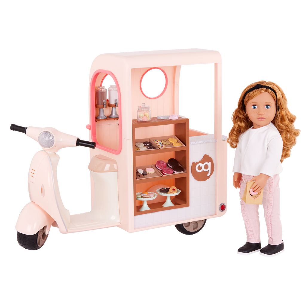 Chip Chip Hooray Cookie Cart - Pink Scooter with Food Accessories for 46cm Dolls - Doll Vehicle - Our Generation UK