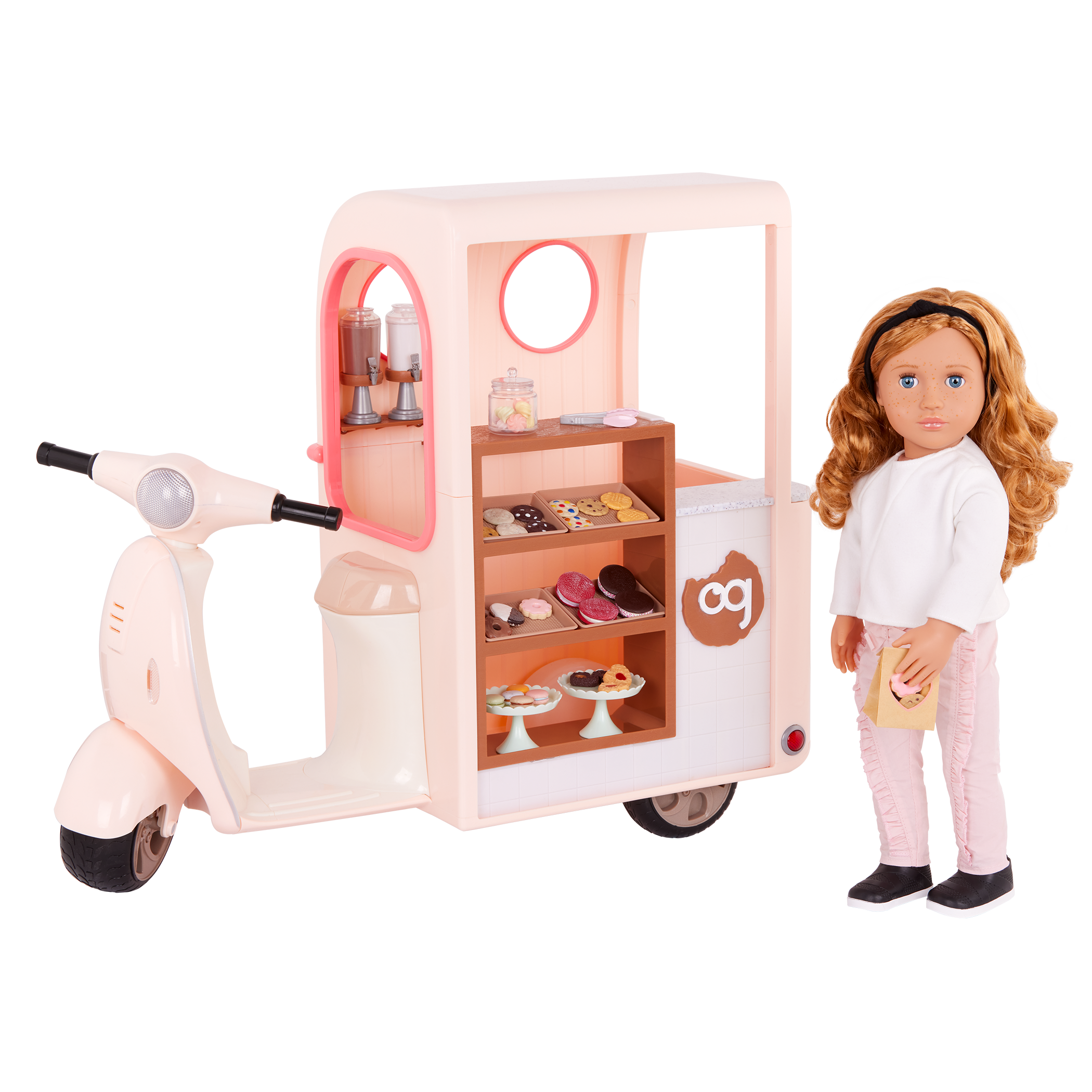 Chip Chip Hooray Cookie Cart - Pink Scooter with Food Accessories for 46cm Dolls - Doll Vehicle - Our Generation UK