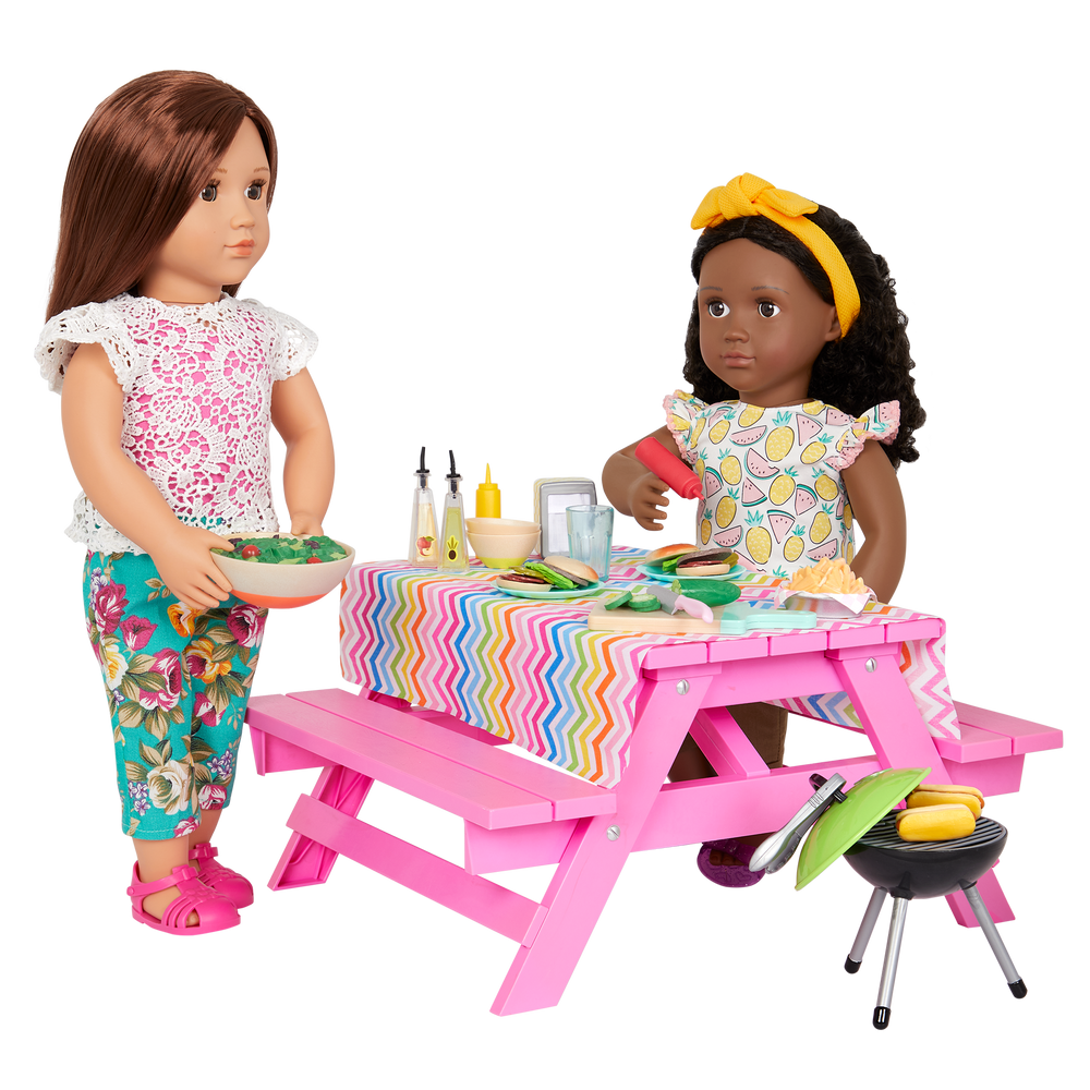 Picnic Table Set - Pink Picnic Table & BBQ Accessories - Food Accessories for OG Dolls - Our Generation