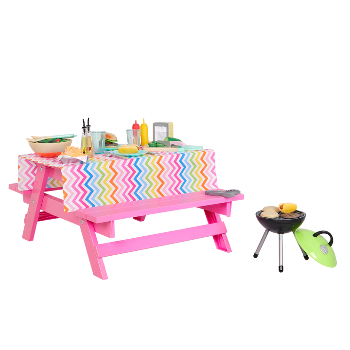 Picnic Table Set - Pink Picnic Table & BBQ Accessories - Food Accessories for OG Dolls - Our Generation