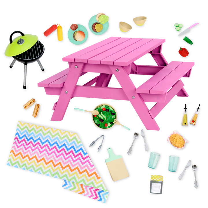 Picnic Table Set - Pink Picnic Table & BBQ Accessories - Food Accessories for OG Dolls - Our Generation