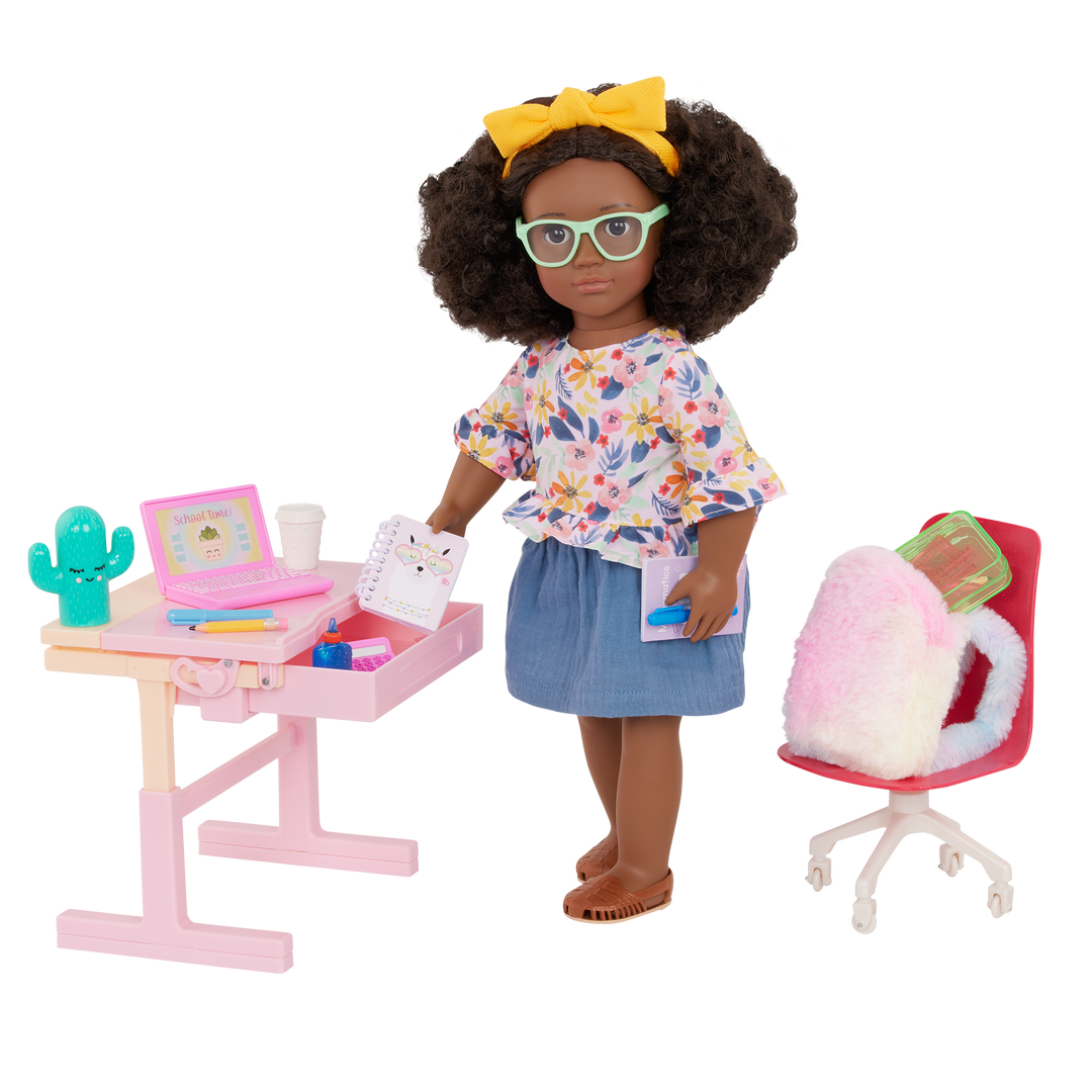 School Room - 46cm Pink Doll Desk & School Accessories - Doll Desk, Chair & Laptop - Our Generation UK