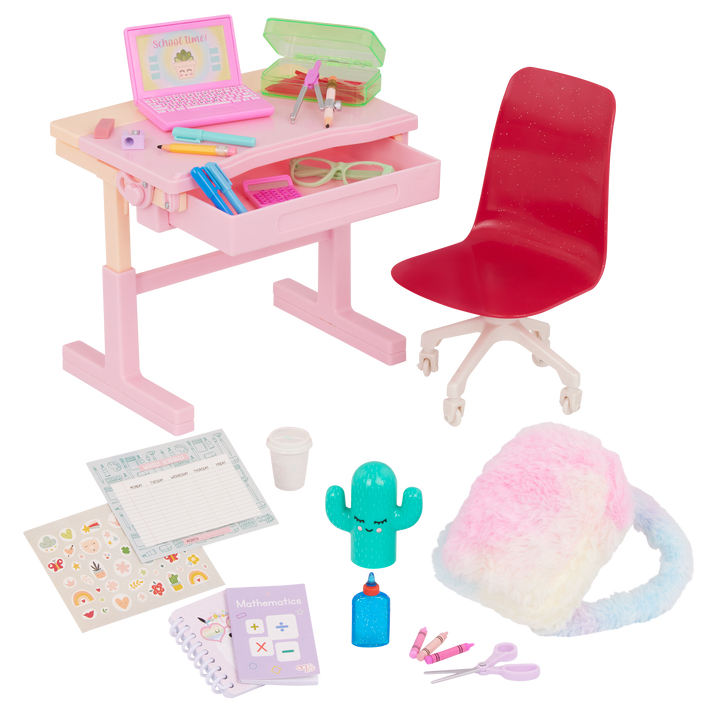 School Room - 46cm Pink Doll Desk & School Accessories - Doll Desk, Chair & Laptop - Our Generation UK