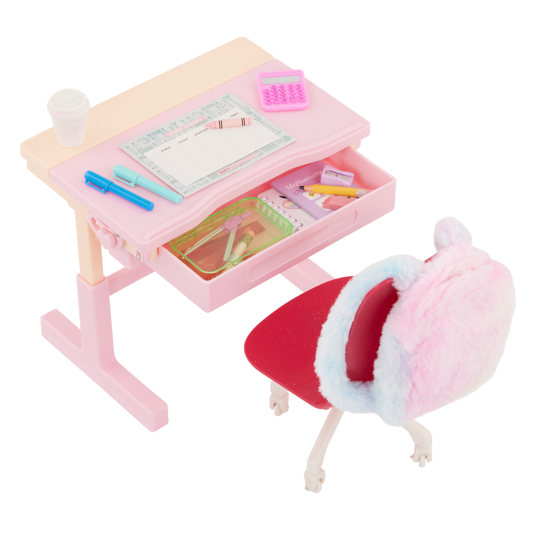 School Room - 46cm Pink Doll Desk & School Accessories - Doll Desk, Chair & Laptop - Our Generation UK