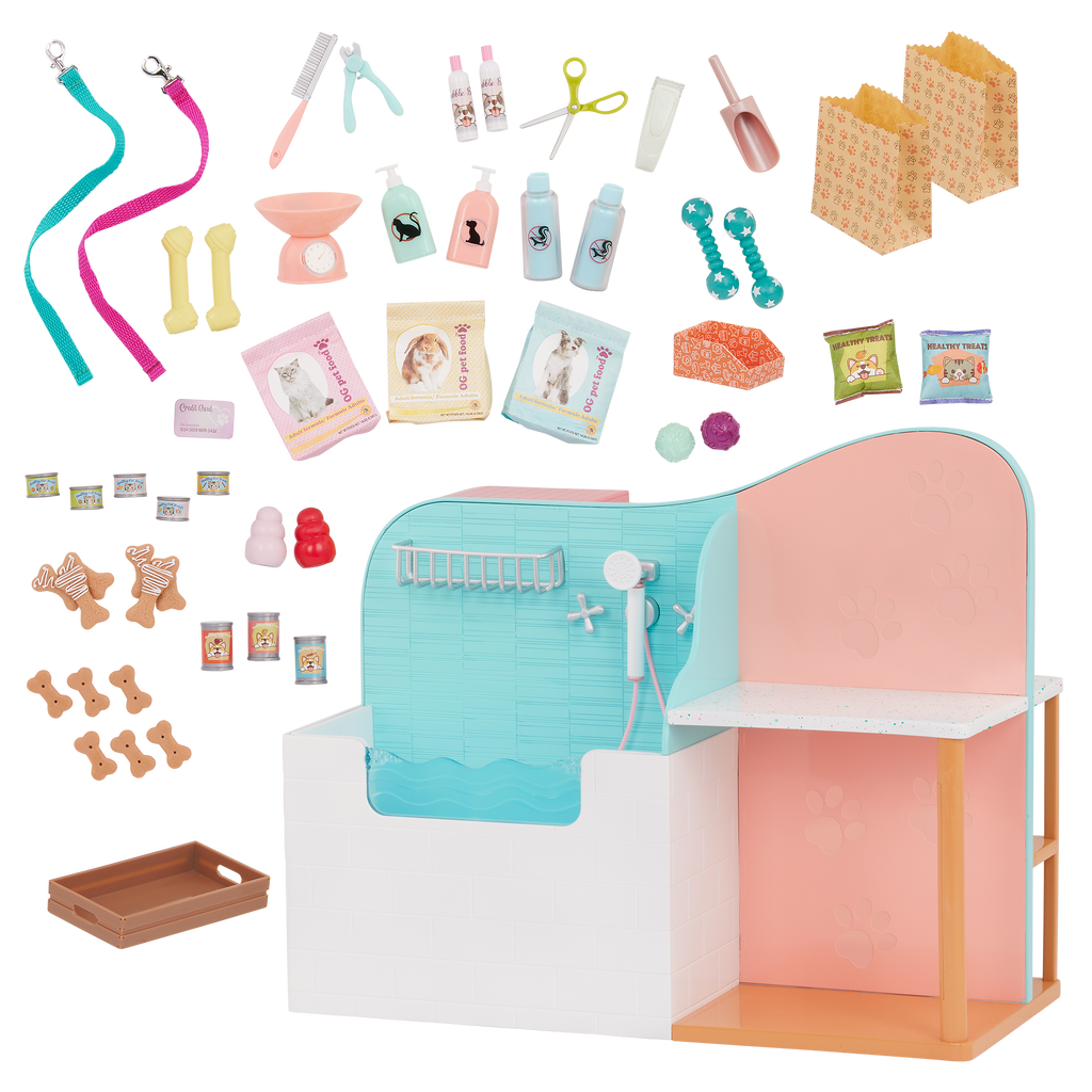 Happy Tails Care Centre - 2-in-1 Grooming Centre & Pet Shop - Accessories for Dolls - Grooming & Accessories for OG Pets - Our Generation