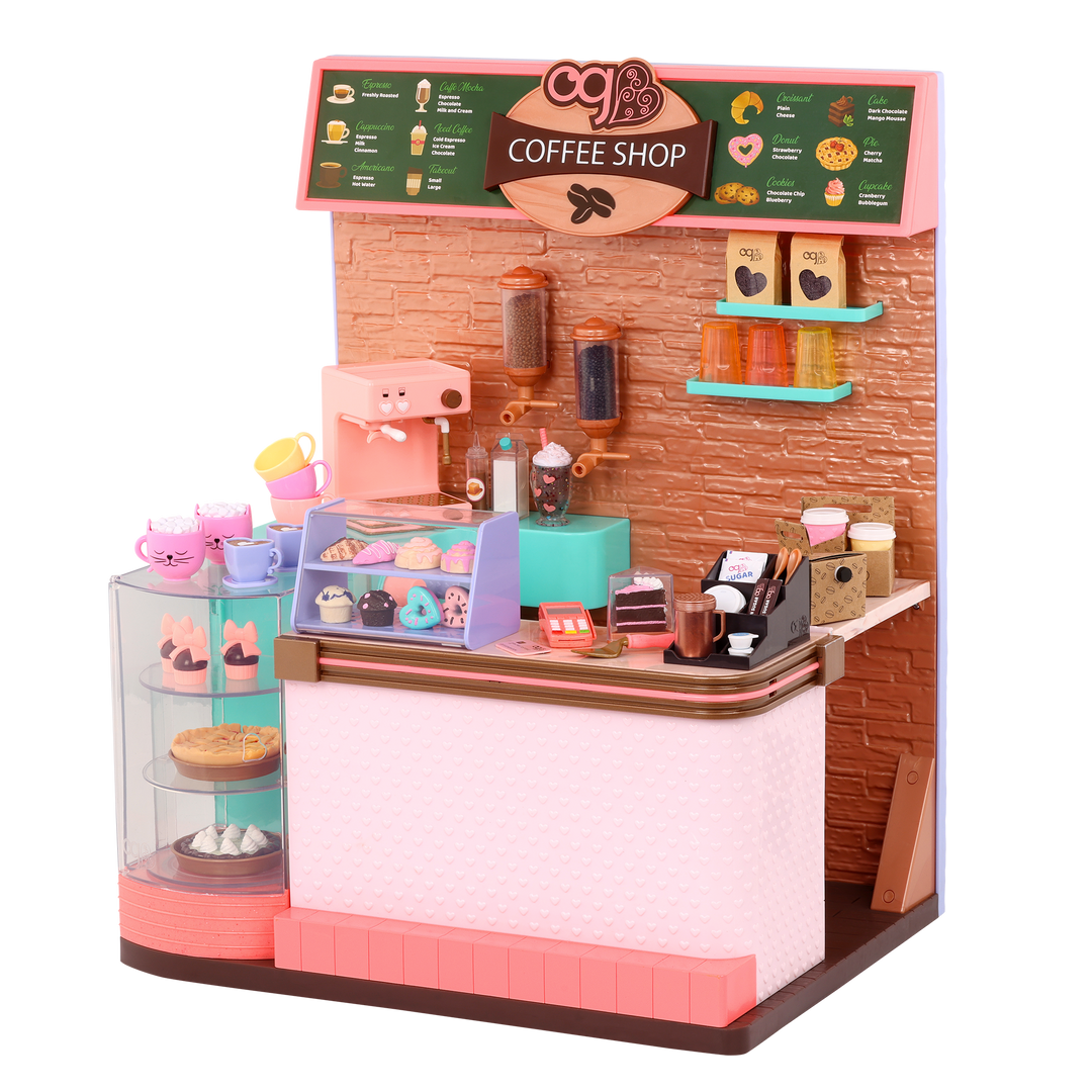 Love U Latte - Coffee Shop Playset for Dolls - Fully Stocked Shop - Food Accessories for Dolls - Playset with Sounds - 60 Accessories - Our Generation UK