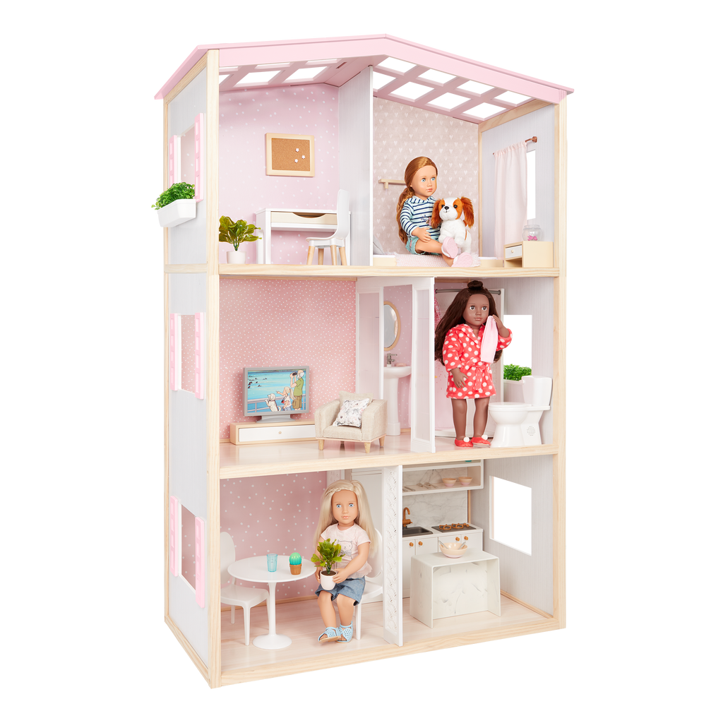 OG Sweet Home - Wooden Dollhouse for 46cm Dolls - 3-Storey Dollhouse with Furniture - Furniture for Dolls - Our Generation UK