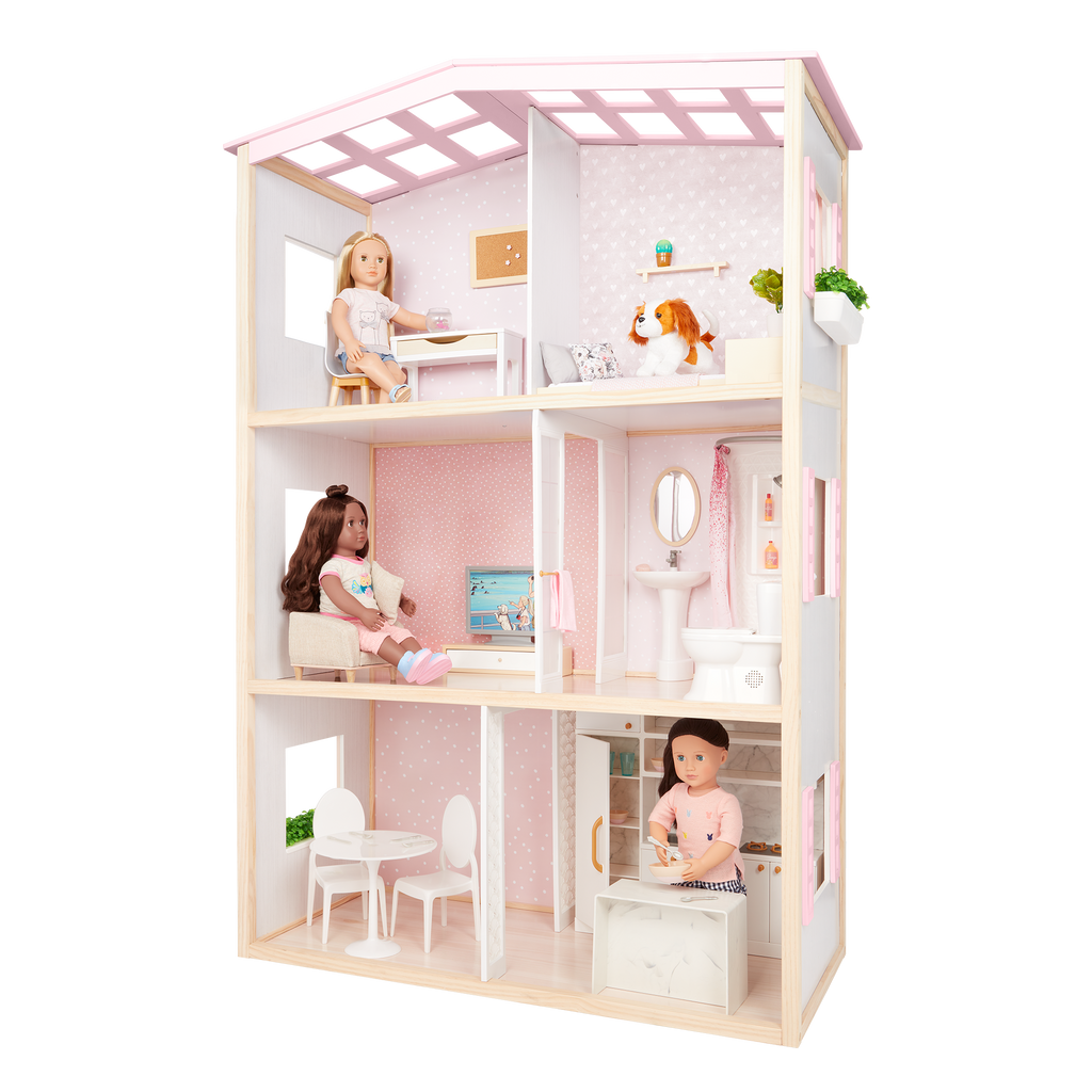 OG Sweet Home - Wooden Dollhouse for 46cm Dolls - 3-Storey Dollhouse with Furniture - Furniture for Dolls - Our Generation UK