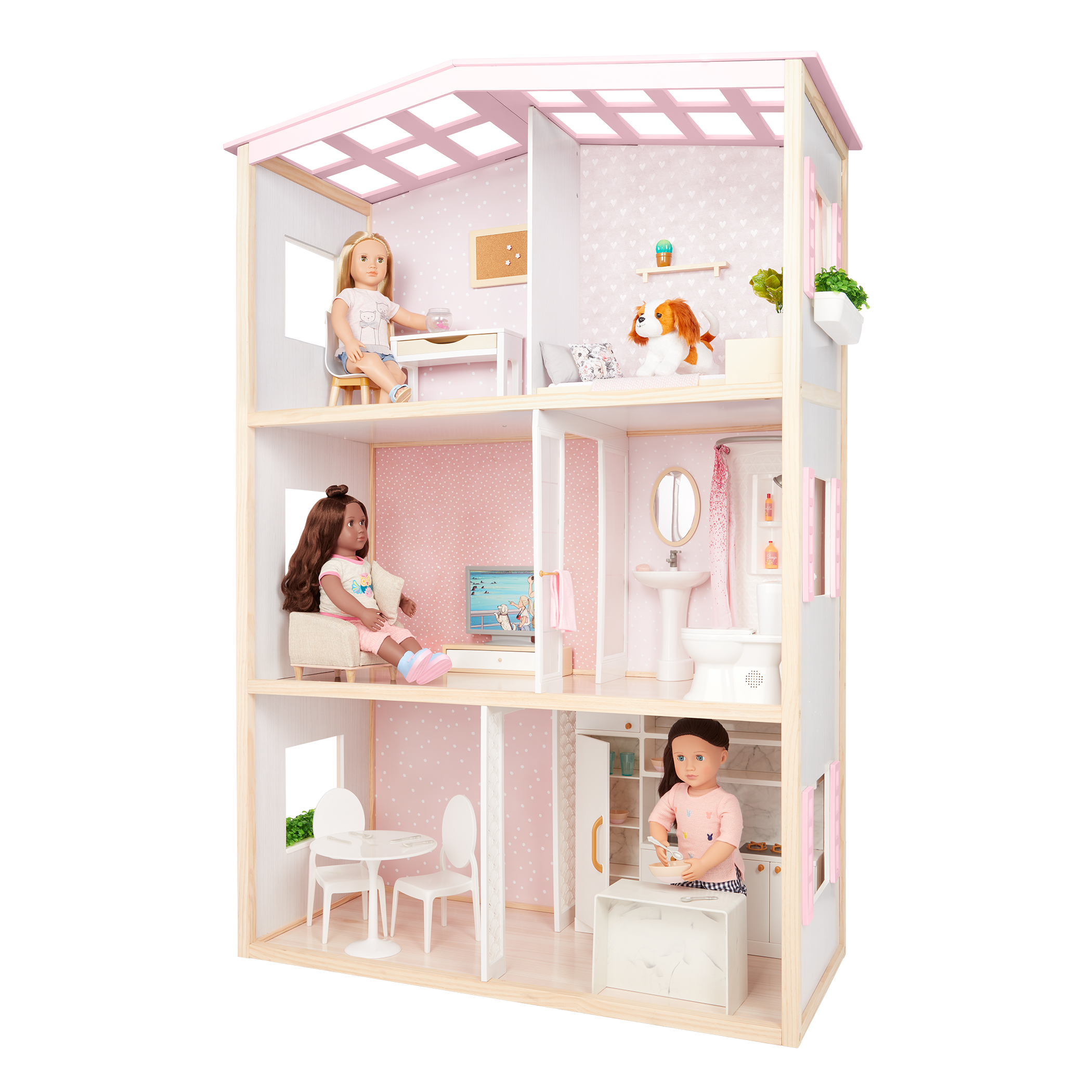 OG Sweet Home - Wooden Dollhouse for 46cm Dolls - 3-Storey Dollhouse with Furniture - Furniture for Dolls - Our Generation UK