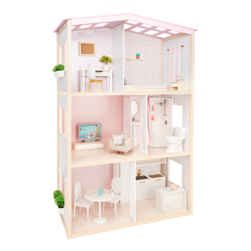 OG Sweet Home - Wooden Dollhouse for 46cm Dolls - 3-Storey Dollhouse with Furniture - Furniture for Dolls - Our Generation UK