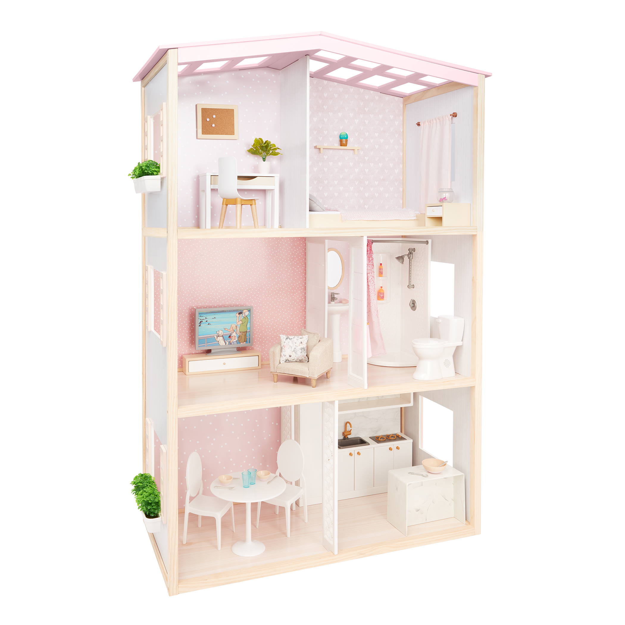 OG Sweet Home - Wooden Dollhouse for 46cm Dolls - 3-Storey Dollhouse with Furniture - Furniture for Dolls - Our Generation UK