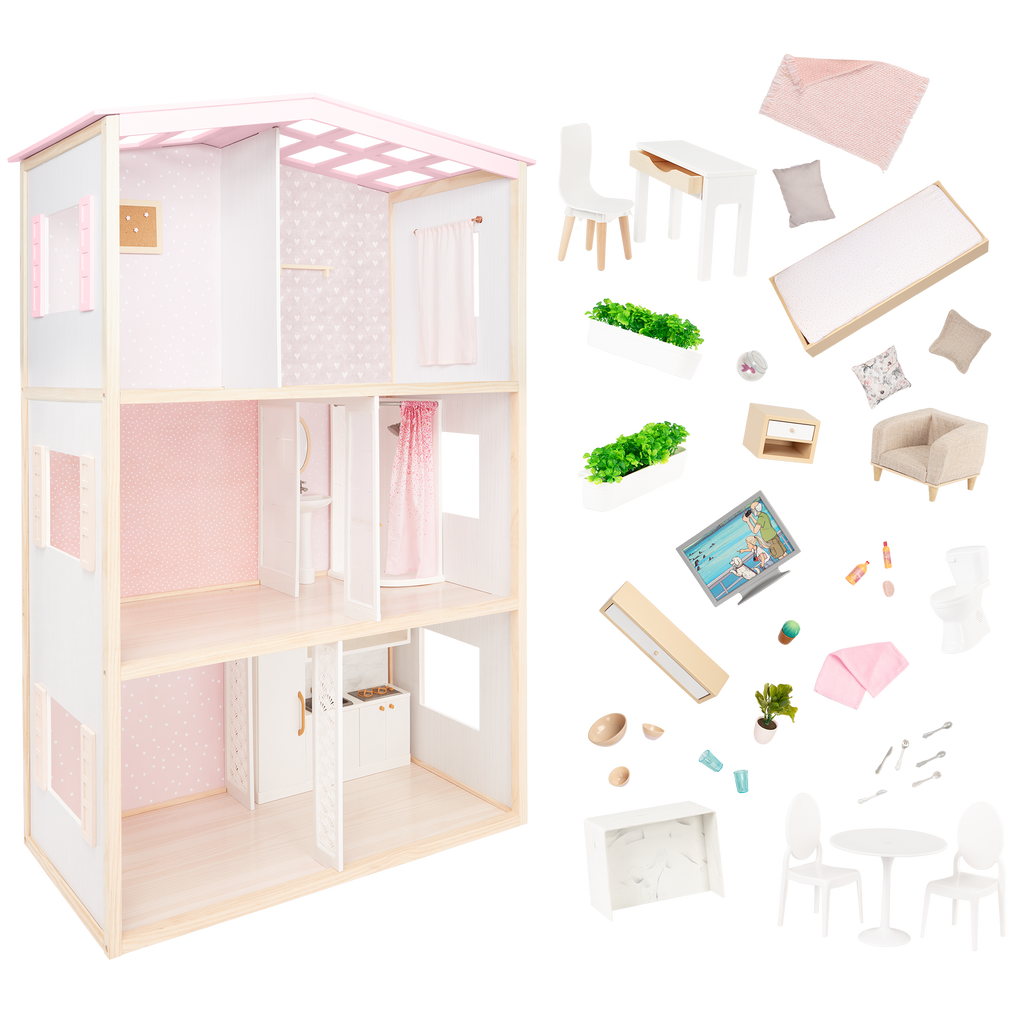 OG Sweet Home - Wooden Dollhouse for 46cm Dolls - 3-Storey Dollhouse with Furniture - Furniture for Dolls - Our Generation UK