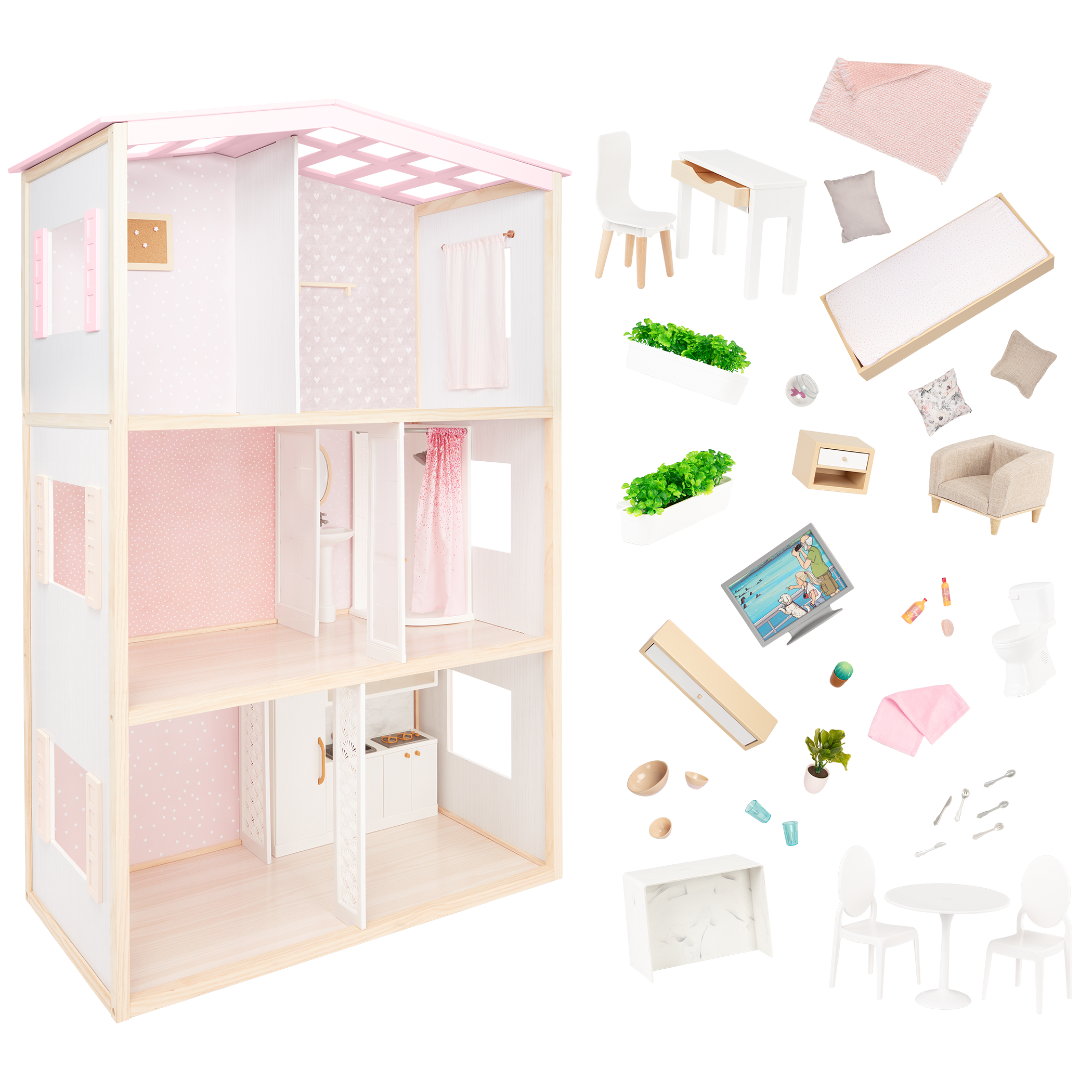 OG Sweet Home - Wooden Dollhouse for 46cm Dolls - 3-Storey Dollhouse with Furniture - Furniture for Dolls - Our Generation UK