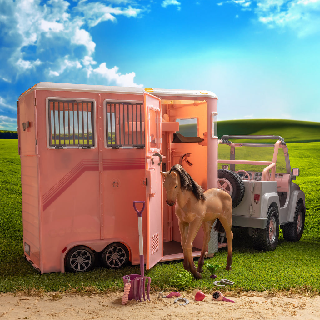 Mane to Travel Horse Trailer Set - Pink Trailer with Grooming Accessories - Equestrian Accessory for Dolls - Vehicle for Our Generation Horses - Our Generation UK