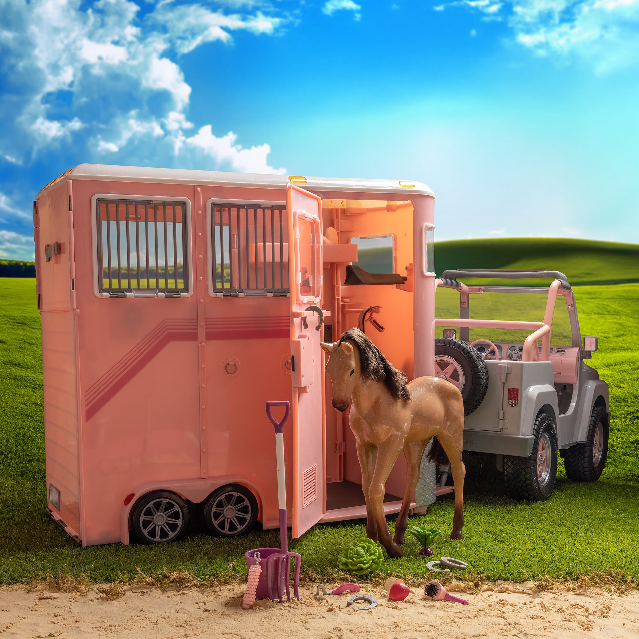 Mane to Travel Horse Trailer Set - Pink Trailer with Grooming Accessories - Equestrian Accessory for Dolls - Vehicle for Our Generation Horses - Our Generation UK
