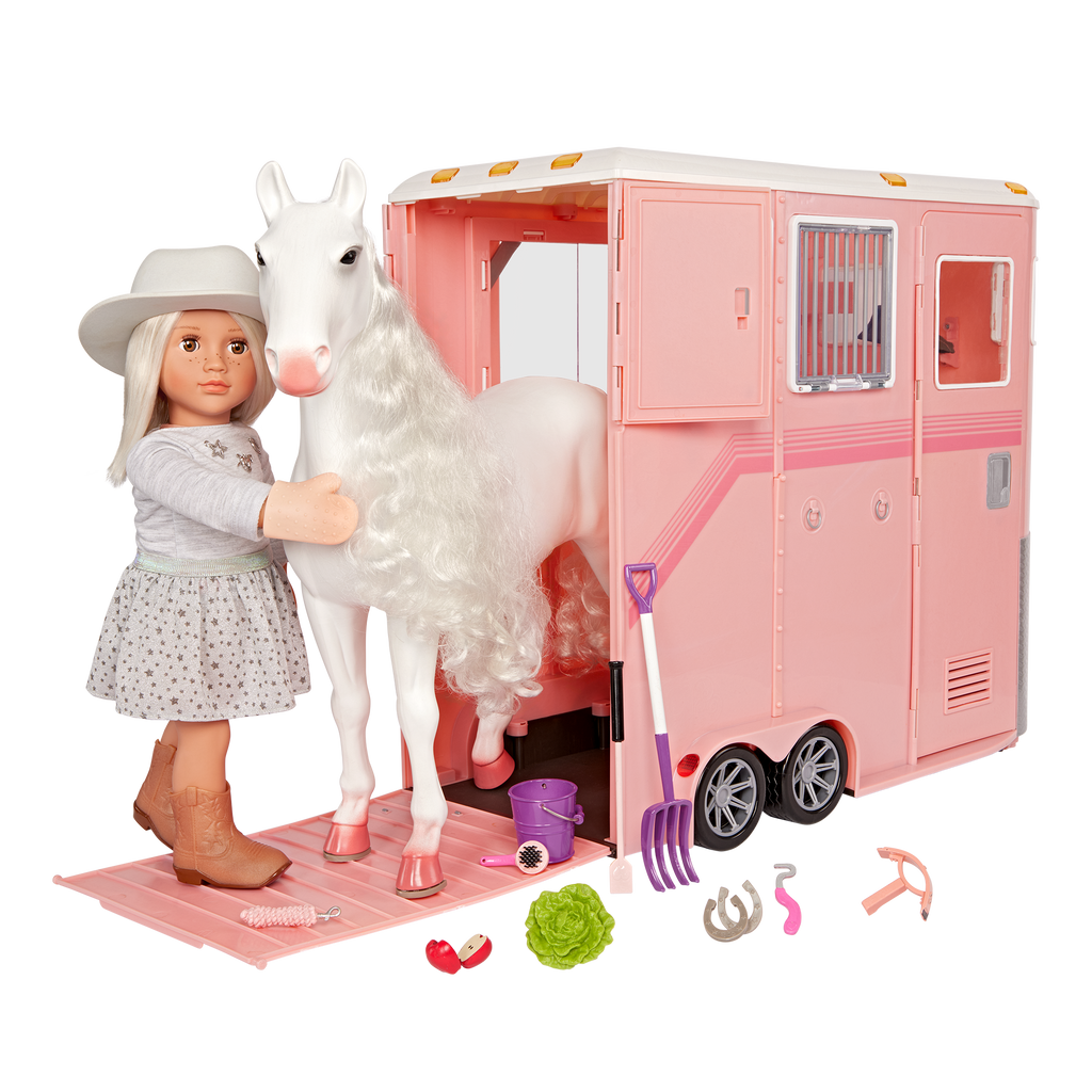 Mane to Travel Horse Trailer Set - Pink Trailer with Grooming Accessories - Equestrian Accessory for Dolls - Vehicle for Our Generation Horses - Our Generation UK