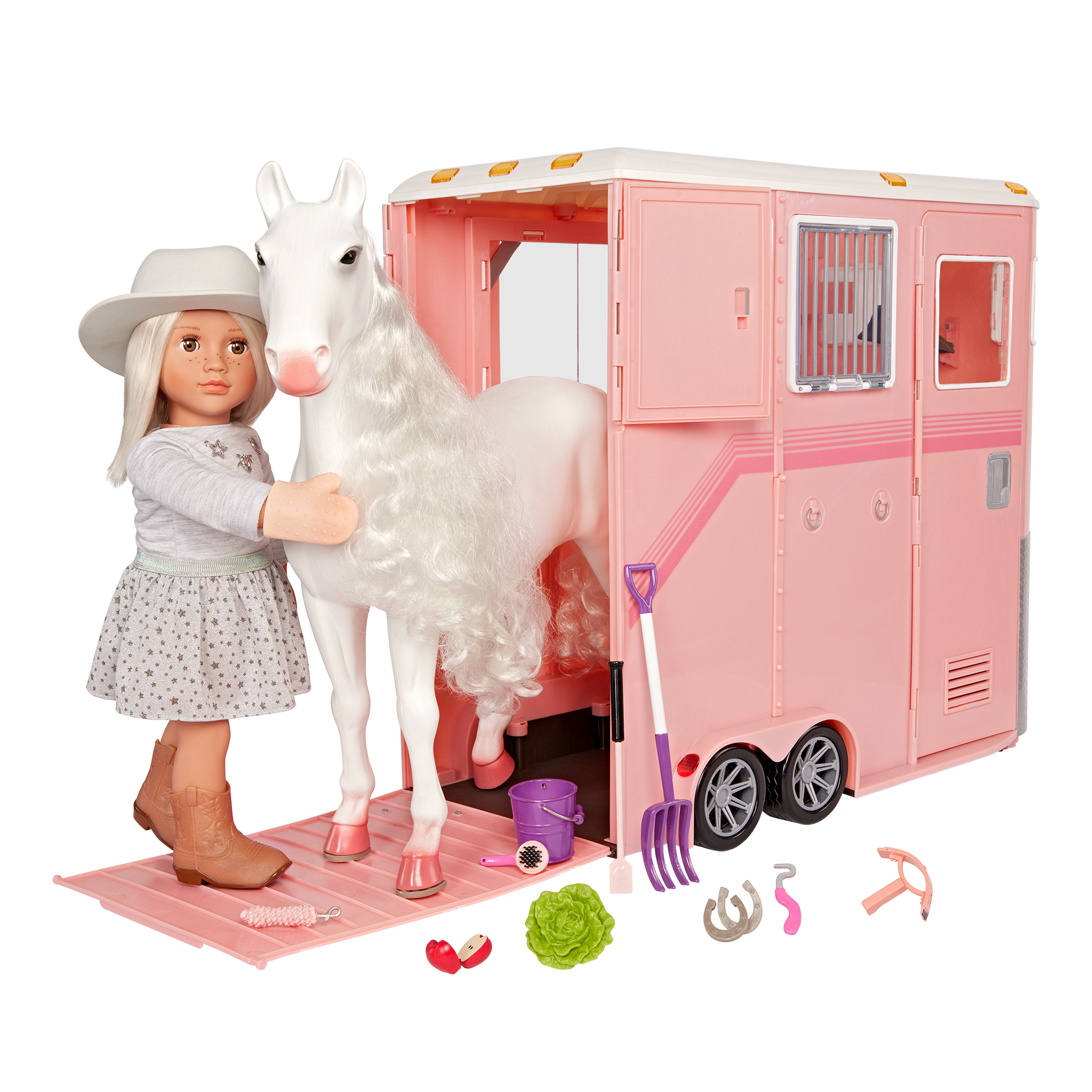 Mane to Travel Horse Trailer Set - Pink Trailer with Grooming Accessories - Equestrian Accessory for Dolls - Vehicle for Our Generation Horses - Our Generation UK