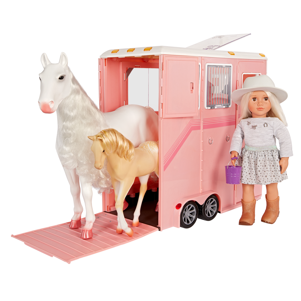 Mane to Travel Horse Trailer Set - Pink Trailer with Grooming Accessories - Equestrian Accessory for Dolls - Vehicle for Our Generation Horses - Our Generation UK