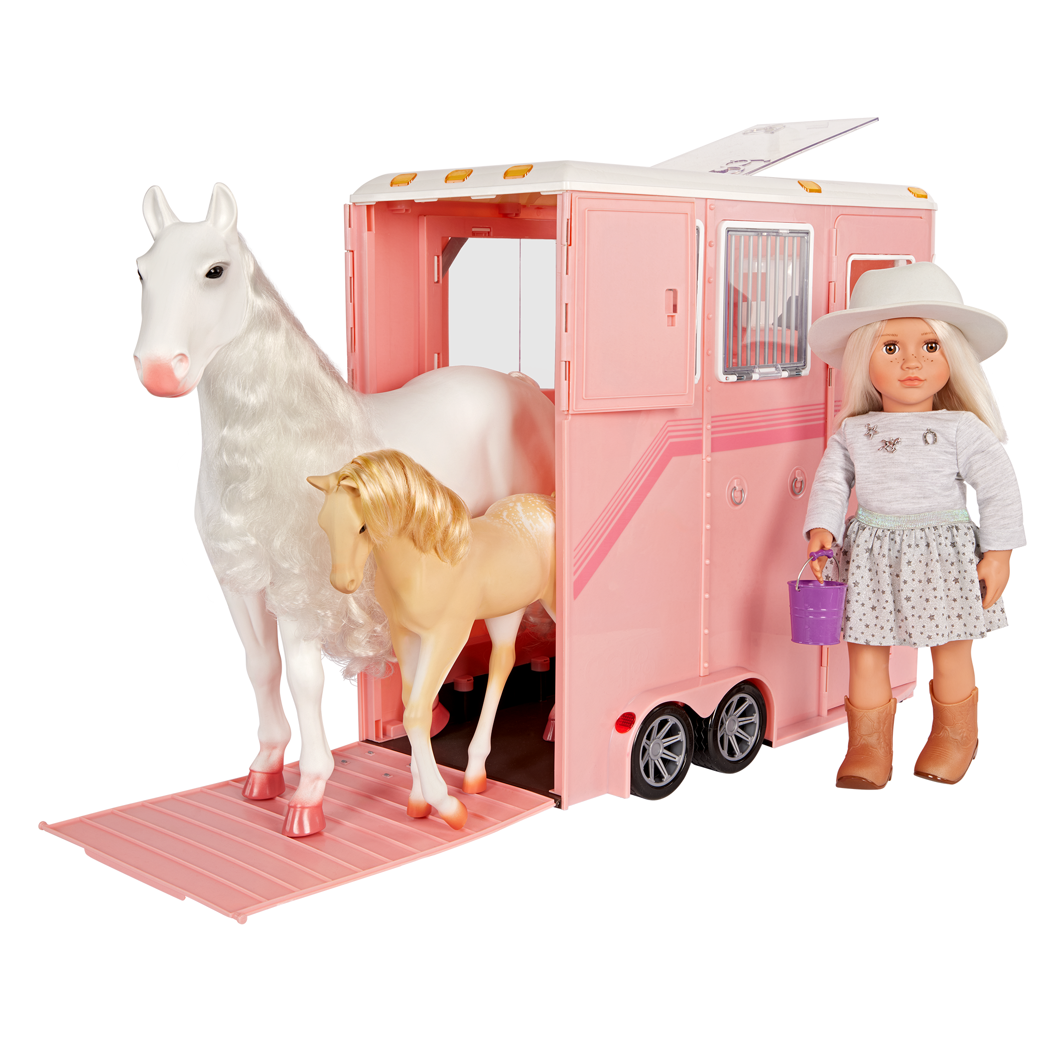 Mane to Travel Horse Trailer Set - Pink Trailer with Grooming Accessories - Equestrian Accessory for Dolls - Vehicle for Our Generation Horses - Our Generation UK