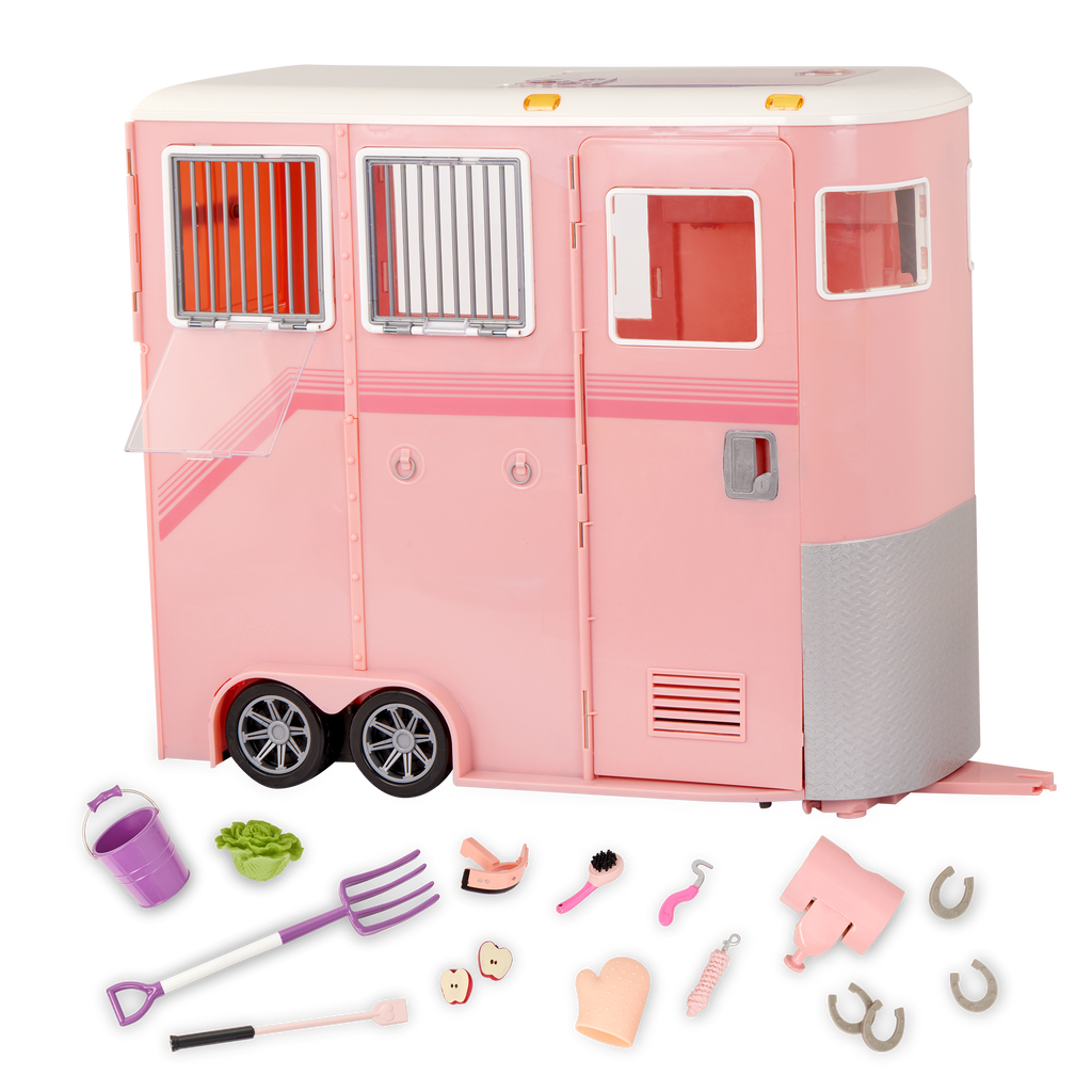 Mane to Travel Horse Trailer Set - Pink Trailer with Grooming Accessories - Equestrian Accessory for Dolls - Vehicle for Our Generation Horses - Our Generation UK