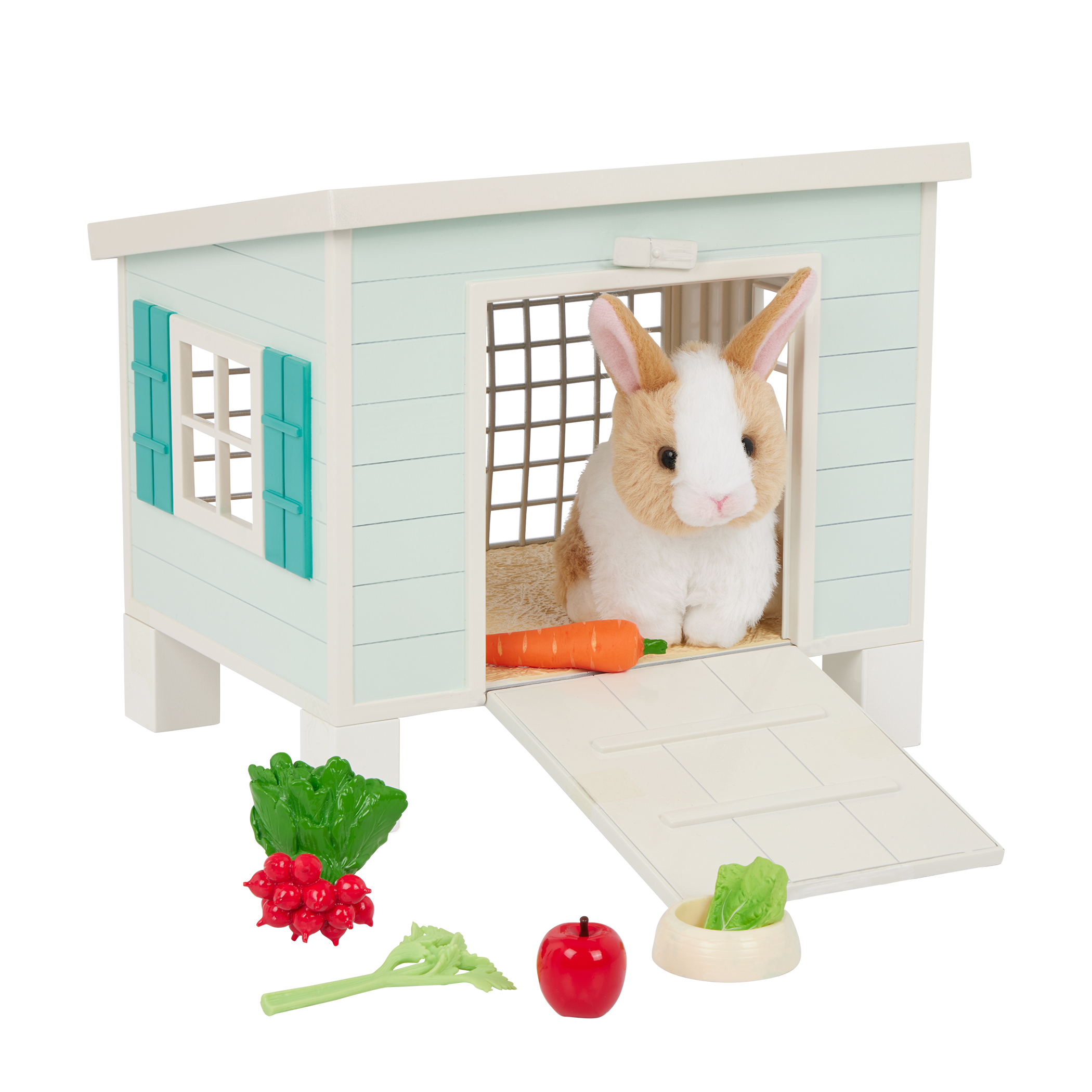 Bunny Hutch Playset - Plush Bunny with Blue Hutch & Accessories - Our Generation Pets