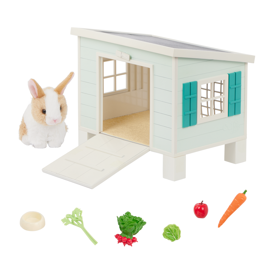 Bunny Hutch Playset - Plush Bunny with Blue Hutch & Accessories - Our Generation Pets