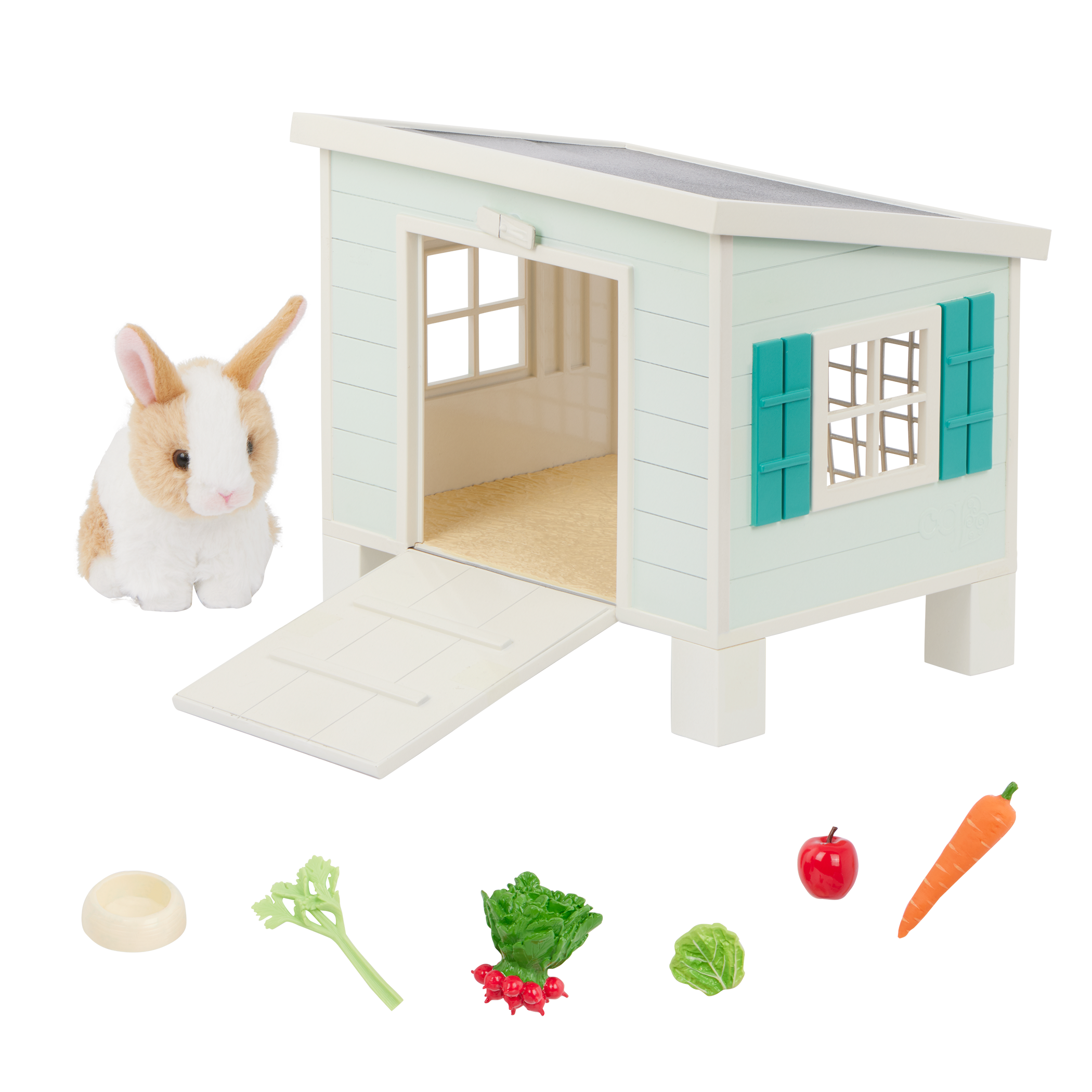 Bunny Hutch Playset - Plush Bunny with Blue Hutch & Accessories - Our Generation Pets
