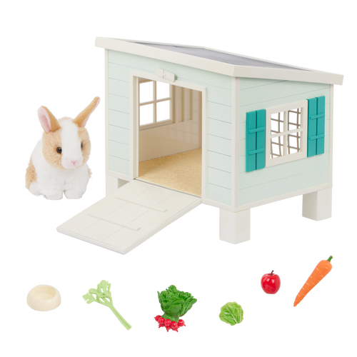 Bunny Hutch Playset - Plush Bunny with Blue Hutch & Accessories - Our Generation Pets