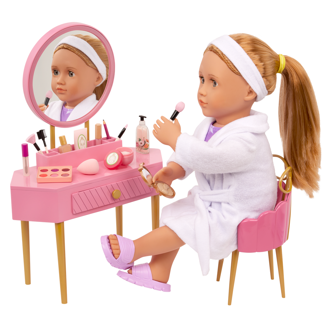 Fabulous Fun Vanity Set - 46cm Doll Dressing Table in Pink - Doll Furniture Set - Pink Make-Up Table & Chair - Make-Up Accessories - Doll Accessories - Our Generation