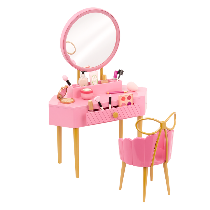 Fabulous Fun Vanity Set - 46cm Doll Dressing Table in Pink - Doll Furniture Set - Pink Make-Up Table & Chair - Make-Up Accessories - Doll Accessories - Our Generation