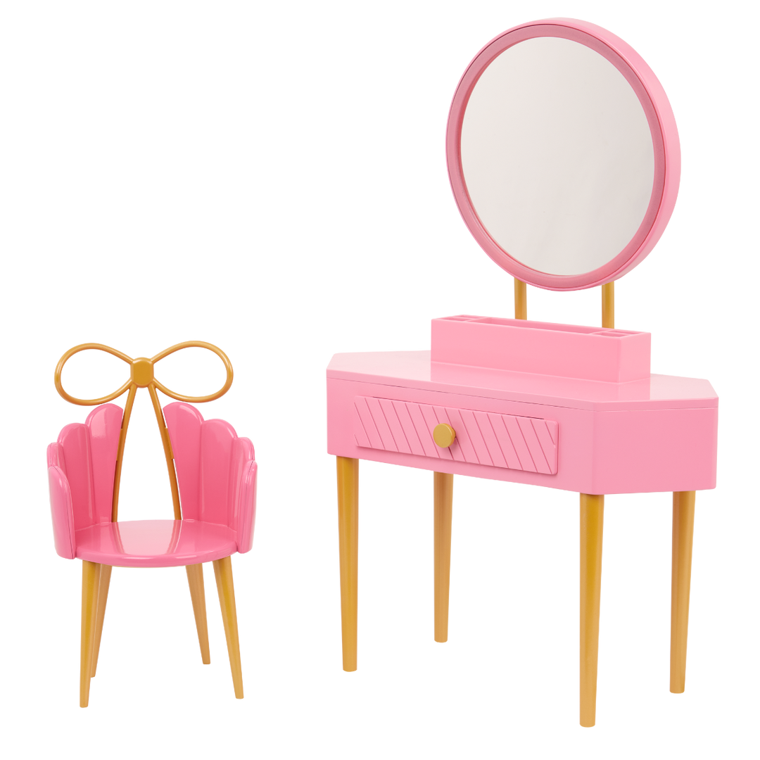 Fabulous Fun Vanity Set - 46cm Doll Dressing Table in Pink - Doll Furniture Set - Pink Make-Up Table & Chair - Make-Up Accessories - Doll Accessories - Our Generation