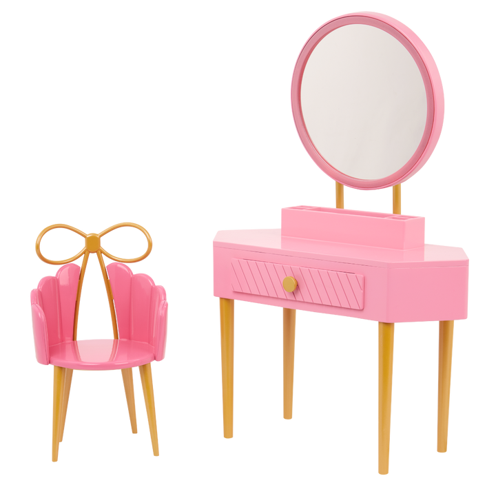 Fabulous Fun Vanity Set - 46cm Doll Dressing Table in Pink - Doll Furniture Set - Pink Make-Up Table & Chair - Make-Up Accessories - Doll Accessories - Our Generation