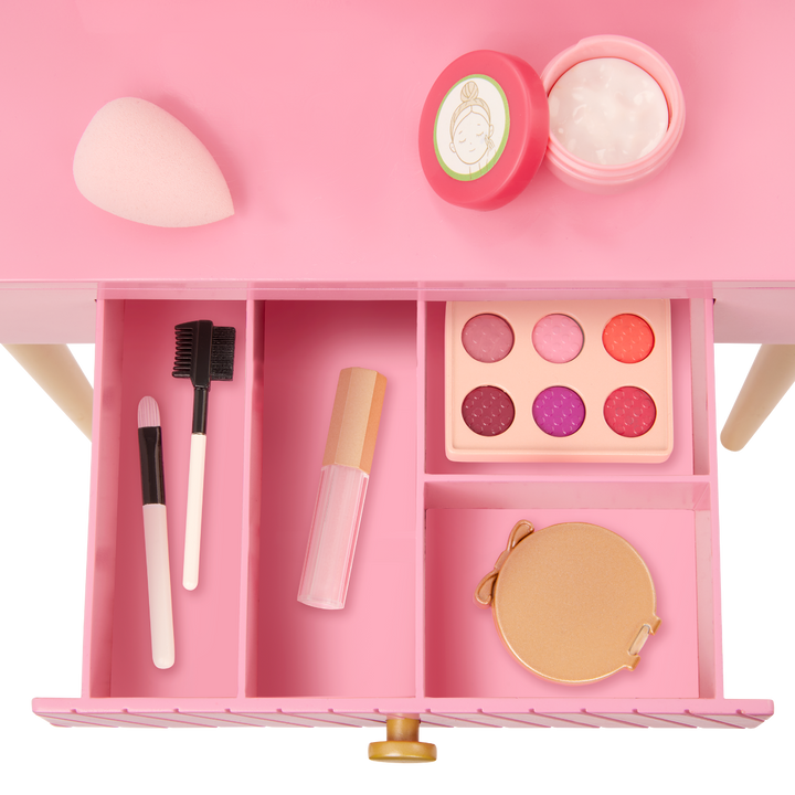 Fabulous Fun Vanity Set - 46cm Doll Dressing Table in Pink - Doll Furniture Set - Pink Make-Up Table & Chair - Make-Up Accessories - Doll Accessories - Our Generation