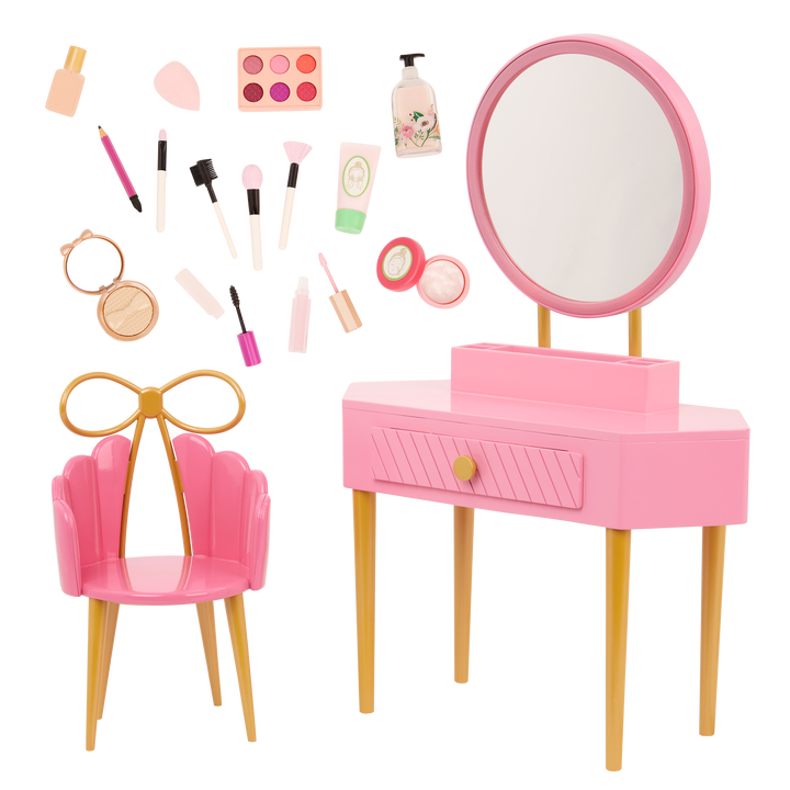 Fabulous Fun Vanity Set - 46cm Doll Dressing Table in Pink - Doll Furniture Set - Pink Make-Up Table & Chair - Make-Up Accessories - Doll Accessories - Our Generation