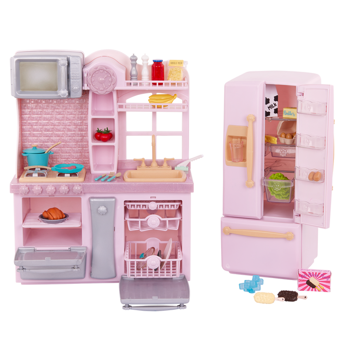 Gourmet Kitchen Set Pink - Our Generation Kitchen Playset for 46cm Dolls - Toy Kitchen with Cooking & Food Accessories - Toys & Gifts for Kids - Doll Accessory - Our Generation UK