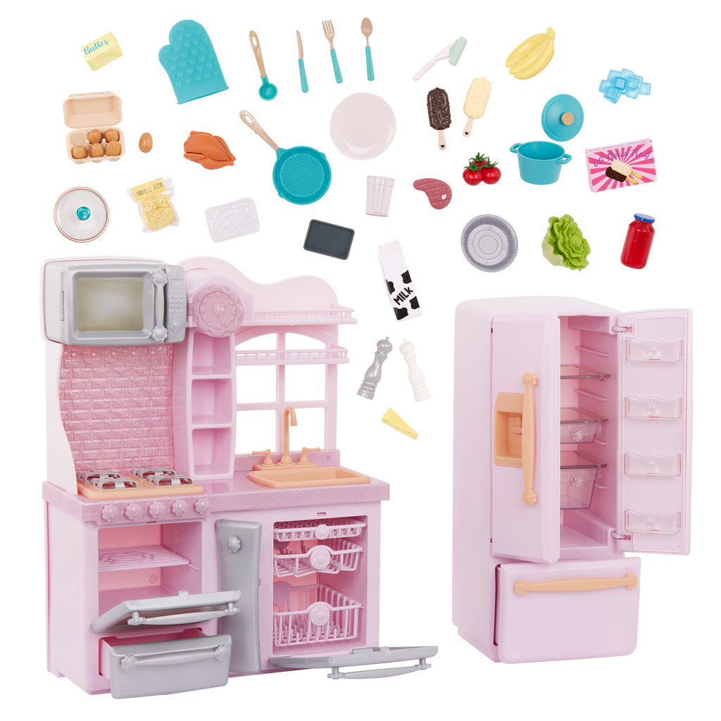 Gourmet Kitchen Set - Pink Kitchen Playset for 46cm Dolls - Food Accessories - Our Generation 