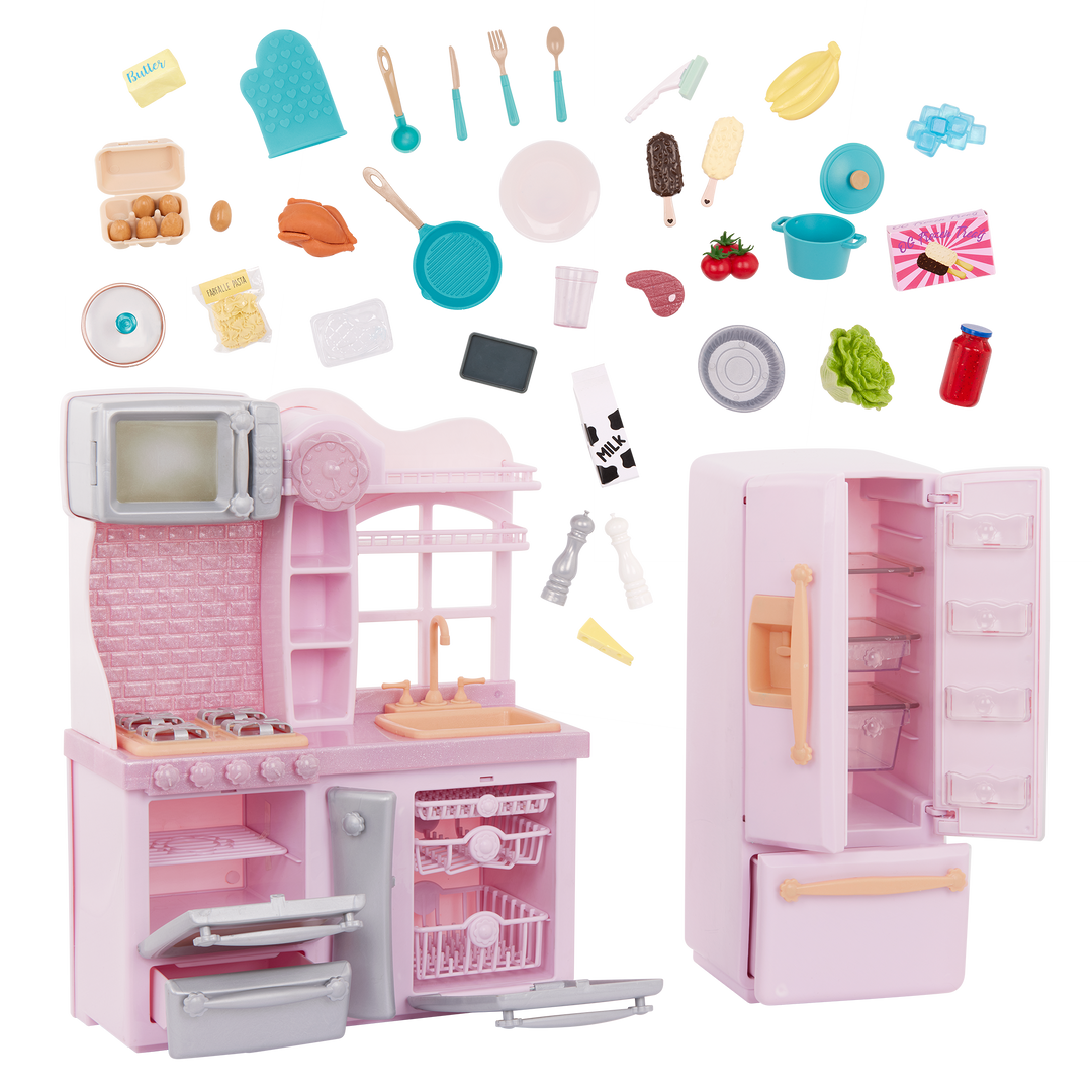 Gourmet Kitchen Set Pink - Our Generation Kitchen Playset for 46cm Dolls - Toy Kitchen with Cooking & Food Accessories - Toys & Gifts for Kids - Doll Accessory - Our Generation UK