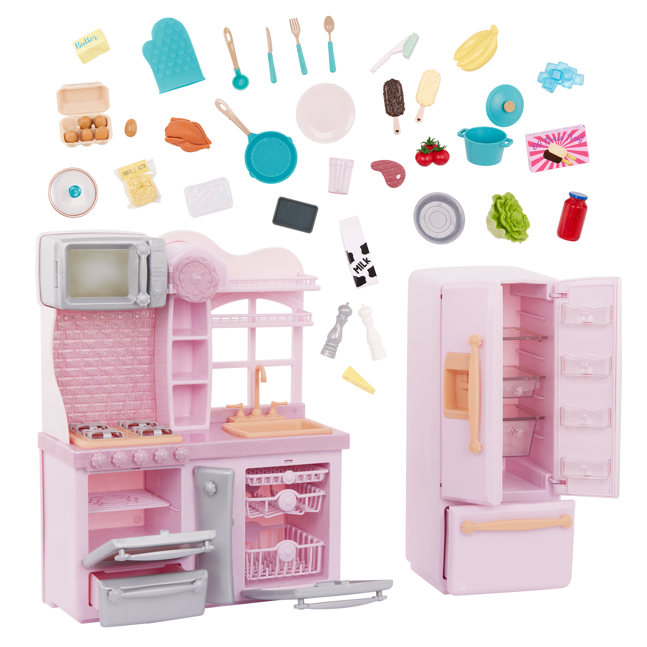 Gourmet Kitchen Set - Pink Kitchen Playset for 46cm Dolls - Food Accessories - Our Generation 