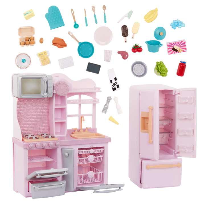 Gourmet Kitchen Set Pink - Our Generation Kitchen Playset for 46cm Dolls - Toy Kitchen with Cooking & Food Accessories - Toys & Gifts for Kids - Doll Accessory - Our Generation UK