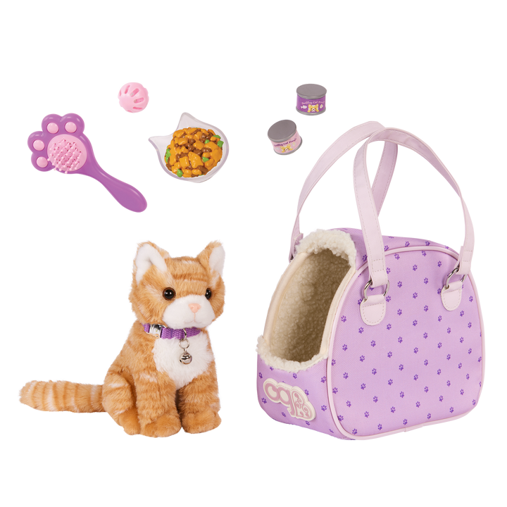 Hop on Cat Carrier - Cat with Purple Carrier Bag - Pets for OG Dolls - 15cm Cat with Accessories - Doll Accessory Set - Our Generation UK