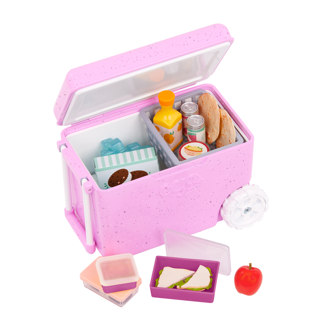 Camping Cooler - Pink Cooler with Food Accessories - Accessory for Dolls - Our Generation