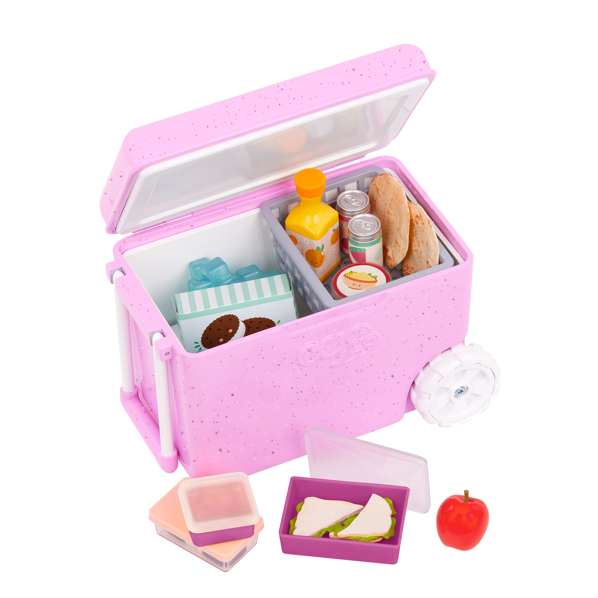 Camping Cooler - Pink Cooler with Food Accessories - Accessory for Dolls - Our Generation