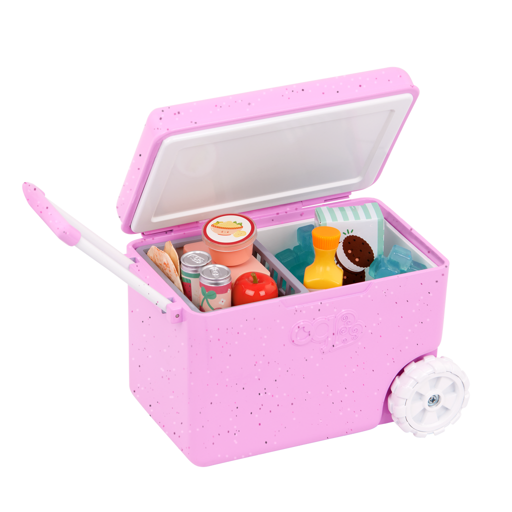 Camping Cooler - Pink Cooler with Food Accessories - Accessory for Dolls - Our Generation