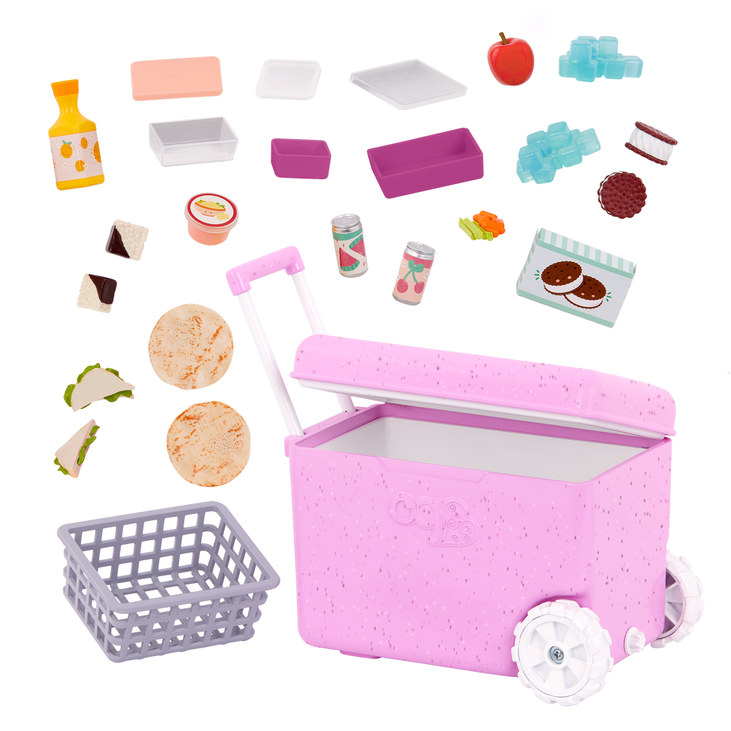 Camping Cooler - Pink Cooler with Food Accessories - Accessory for Dolls - Our Generation