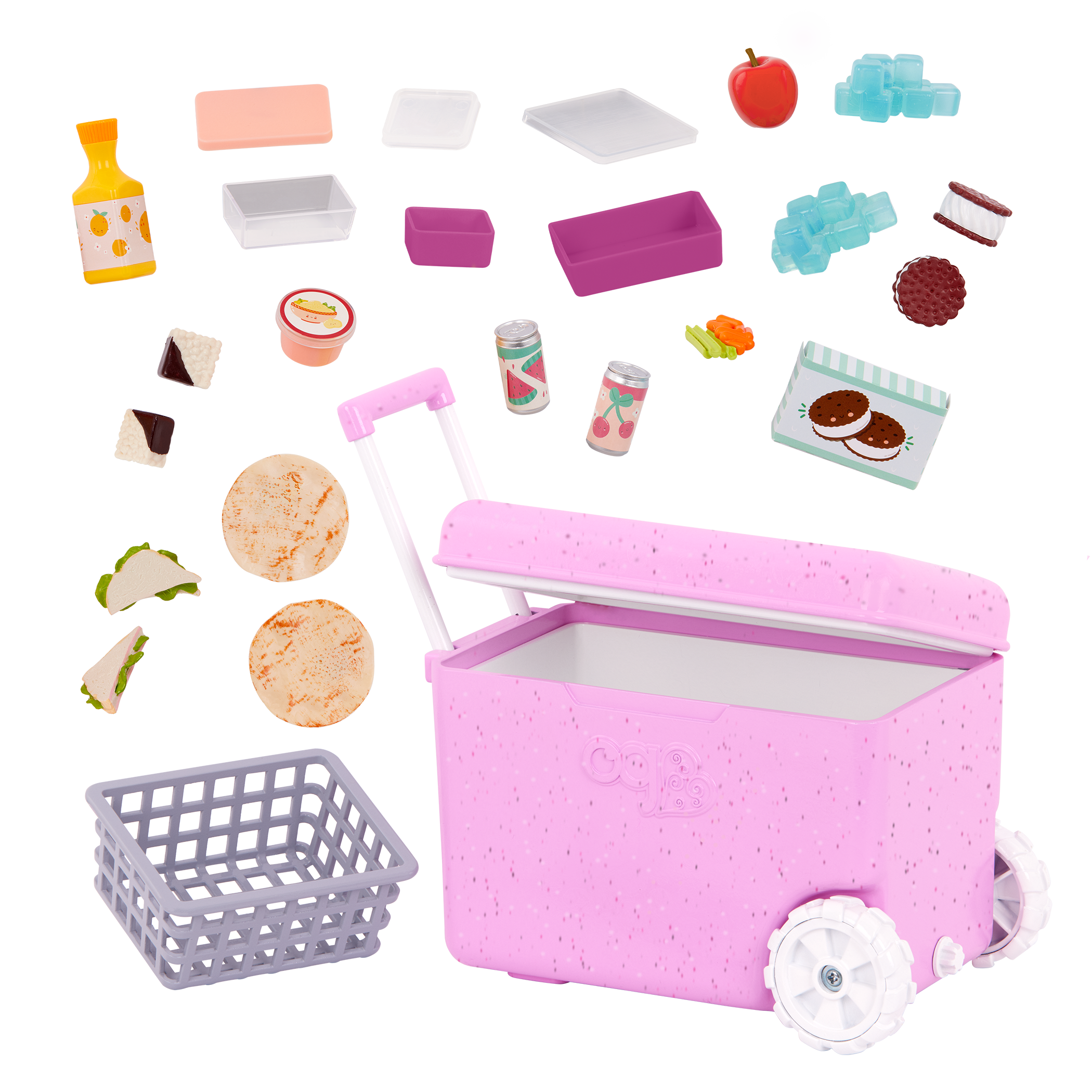 Camping Cooler - Pink Cooler with Food Accessories - Accessory for Dolls - Our Generation